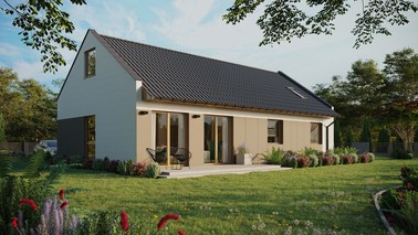 ERDOL 3 XL - Version Rechts (Wohnzimmer auf der rechten Seite) - Modernes Satteldach mit Dachgeschoss -Dachneigung 35 Grad - Dachfenster für Zimmer und Badezimmer - Balkontür im Esszimmer - Styropor, Netz, Kleber - Winchester - Ohne