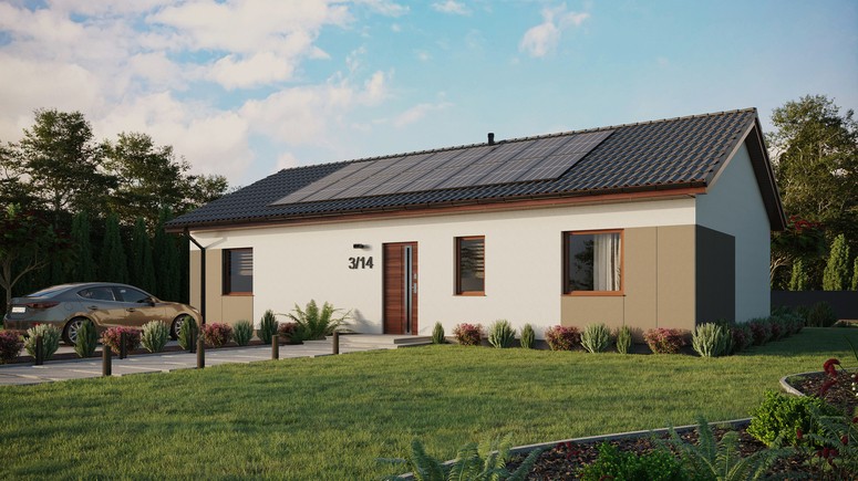 ERDOL 3 XL - Version Links (Wohnzimmer auf der linken Seite) - Satteldach ohne Dachgeschoss - Dachneigung 25 Grad - keine Dachfenster - Standard - Styropor, Netz, Kleber - Nusbaum - Photovoltaik-Installation 6,4 kWp (16 Paneele)