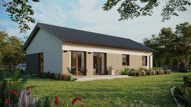 ERDOL 3 XL - Version Rechts (Wohnzimmer auf der rechten Seite) - Satteldach ohne Dachgeschoss - Dachneigung 25 Grad - keine Dachfenster - Balkontür im Esszimmer - Styropor, Netz, Kleber - Nusbaum - Ohne