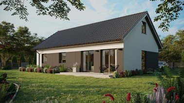 ERDOL 3 XL - Version Links (Wohnzimmer auf der linken Seite) - Satteldach mit Dachgeschoss -Dachneigung 35 Grad - keine Dachfenster - Balkontür im Esszimmer - Styropor, Netz, Kleber - Anthrazit - Ohne