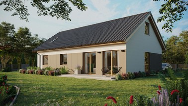 ERDOL 3 XL - Version Links (Wohnzimmer auf der linken Seite) - Satteldach mit Dachgeschoss -Dachneigung 35 Grad - Dachfenster für Zimmer und Badezimmer - Balkontür im Esszimmer - Styropor, Netz, Kleber - Winchester - Ohne