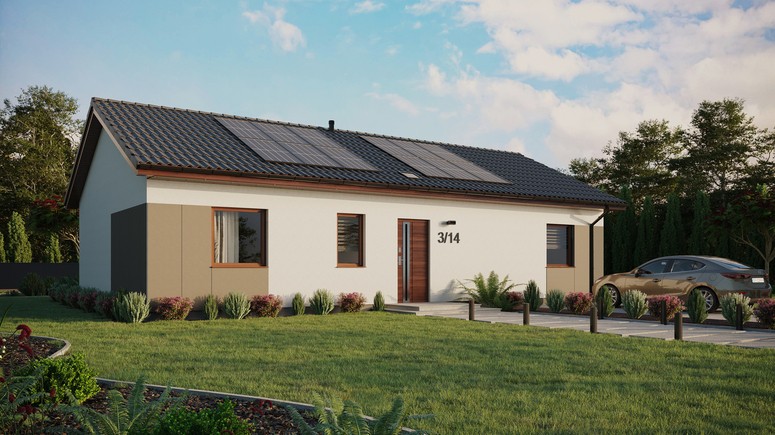 ERDOL 3 XL - Version Rechts (Wohnzimmer auf der rechten Seite) - Satteldach ohne Dachgeschoss - Dachneigung 25 Grad - Starres Tunneldachfenster - Balkontür im Esszimmer - Styropor, Netz, Kleber - Nusbaum - Photovoltaik-Installation 4,8 kWp (12 Paneele)