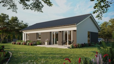 ERDOL 3 XL - Version Links (Wohnzimmer auf der linken Seite) - Satteldach ohne Dachgeschoss - Dachneigung 25 Grad - keine Dachfenster - Balkontür im Esszimmer - Styropor, Netz, Kleber - Weiß - Ohne