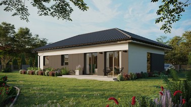 ERDOL 3 XL - Version Links (Wohnzimmer auf der linken Seite) - Walmdach ohne Dachgeschoss- Dachneigung 25 Grad - keine Dachfenster - Balkontür im Esszimmer - Styropor, Netz, Kleber - Anthrazit