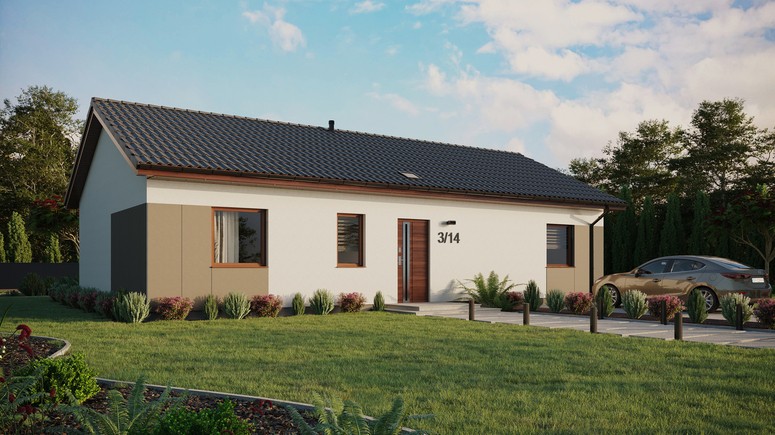 ERDOL 3 XL - Version Rechts (Wohnzimmer auf der rechten Seite) - Satteldach ohne Dachgeschoss - Dachneigung 25 Grad - Starres Tunneldachfenster - Standard - Styropor, Netz, Kleber - Nusbaum - Ohne