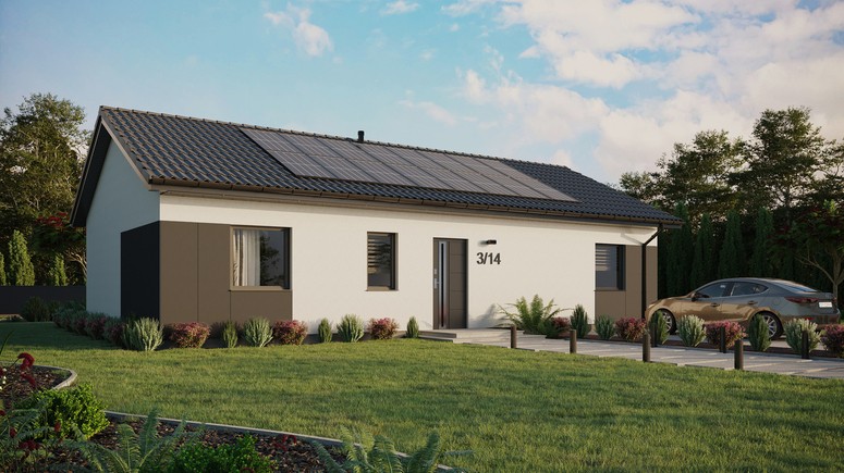 ERDOL 3 XL - Version Rechts (Wohnzimmer auf der rechten Seite) - Satteldach ohne Dachgeschoss - Dachneigung 25 Grad - keine Dachfenster - Standard - Styropor, Netz, Kleber - Anthrazit - Photovoltaik-Installation 6,4 kWp (16 Paneele)