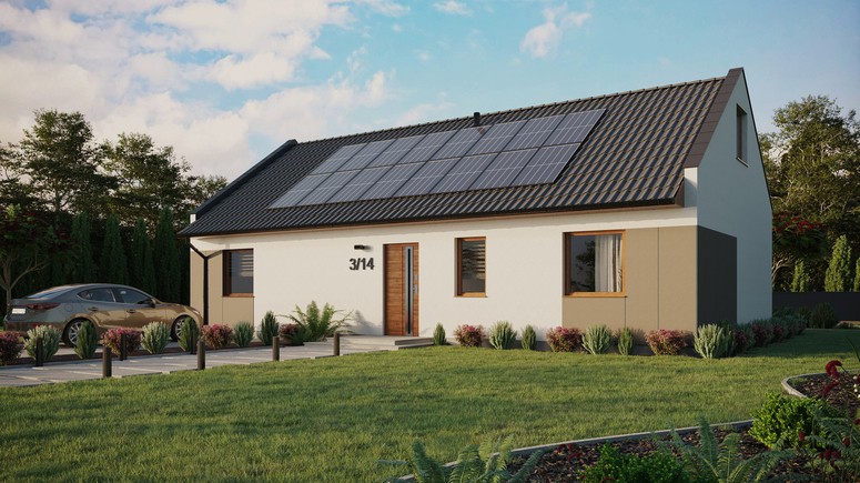 ERDOL 3 XL - Version Links (Wohnzimmer auf der linken Seite) - Modernes Satteldach mit Dachgeschoss -Dachneigung 35 Grad - keine Dachfenster - Standard - Styropor, Netz, Kleber - Goldene Eiche - Photovoltaik-Installation 6,4 kWp (16 Paneele)