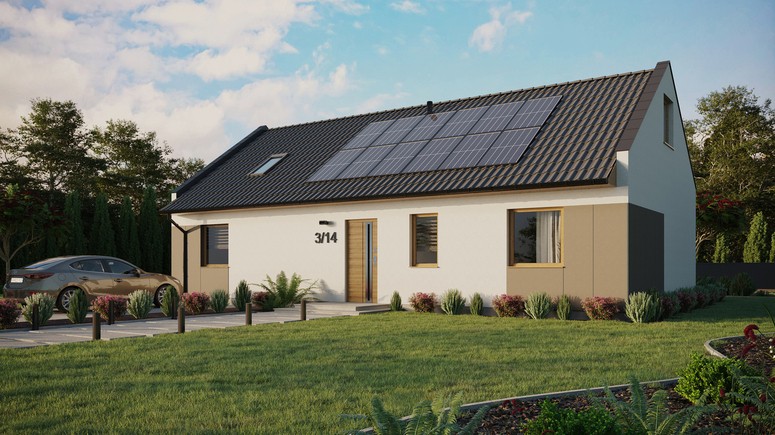 ERDOL 3 XL - Version Links (Wohnzimmer auf der linken Seite) - Modernes Satteldach mit Dachgeschoss -Dachneigung 35 Grad - Dachfenster für Zimmer und Badezimmer - Standard - Styropor, Netz, Kleber - Winchester - Photovoltaik-Installation 4,8 kWp (12 Paneele)