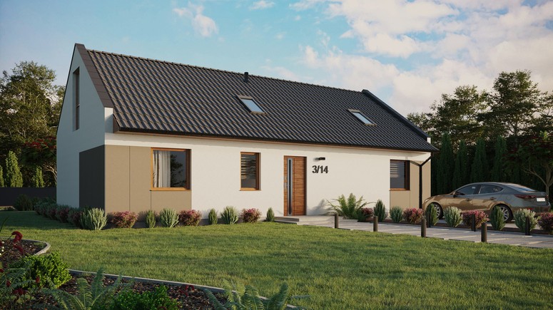 ERDOL 3 XL - Version Rechts (Wohnzimmer auf der rechten Seite) - Modernes Satteldach mit Dachgeschoss -Dachneigung 35 Grad - Zwei Zimmer-Dachfenster und ein Badezimmer-Dachfenster - Bodentiefe Fenster im Dachgeschoss - Styropor, Netz, Kleber - Goldene Eiche - Ohne