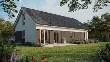 ERDOL 3 XL - Version Rechts (Wohnzimmer auf der rechten Seite) - Satteldach mit Dachgeschoss -Dachneigung 35 Grad - Dachfenster für Zimmer und Badezimmer - Bodentiefe Fenster im Dachgeschoss - Styropor, Netz, Kleber - Weiß - Ohne