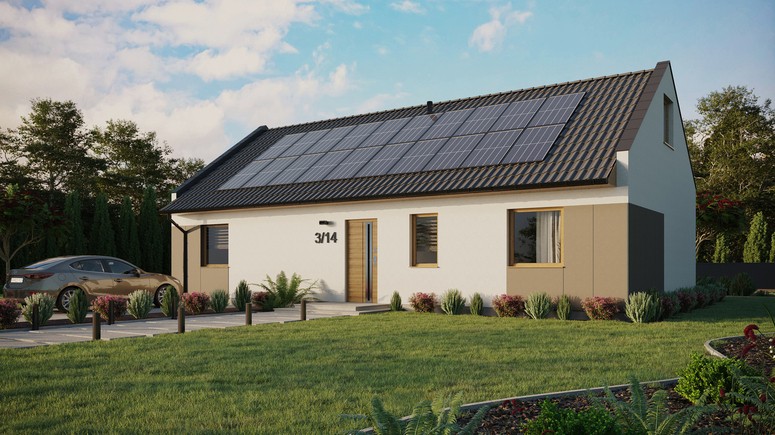 ERDOL 3 XL - Version Links (Wohnzimmer auf der linken Seite) - Modernes Satteldach mit Dachgeschoss -Dachneigung 35 Grad - keine Dachfenster - Standard - Styropor, Netz, Kleber - Winchester - Photovoltaik-Installation 8 kWp (20 Paneele)