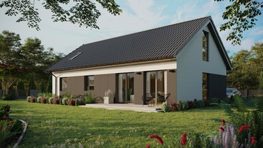 ERDOL 3 XL - Version Links (Wohnzimmer auf der linken Seite) - Satteldach mit Dachgeschoss -Dachneigung 35 Grad - Dachfenster für Zimmer und Badezimmer - Balkontür im Esszimmer und Bodentiefe Fenster im Dachgeschoss - Styropor, Netz, Kleber - Anthrazit - Ohne