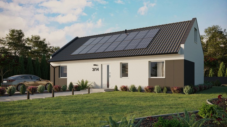 ERDOL 3 XL - Version Links (Wohnzimmer auf der linken Seite) - Modernes Satteldach mit Dachgeschoss -Dachneigung 35 Grad - keine Dachfenster - Standard - Styropor, Netz, Kleber - Weiß - Photovoltaik-Installation 6,4 kWp (16 Paneele)