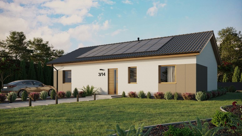 ERDOL 3 XL - Version Links (Wohnzimmer auf der linken Seite) - Satteldach ohne Dachgeschoss - Dachneigung 25 Grad - keine Dachfenster - Standard - Styropor, Netz, Kleber - Winchester - Photovoltaik-Installation 6,4 kWp (16 Paneele)