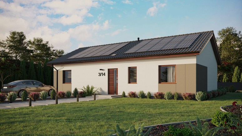 ERDOL 3 XL - Version Links (Wohnzimmer auf der linken Seite) - Satteldach ohne Dachgeschoss - Dachneigung 25 Grad - Starres Tunneldachfenster - Standard - Styropor, Netz, Kleber - Nusbaum - Photovoltaik-Installation 8 kWp (20 Paneele)