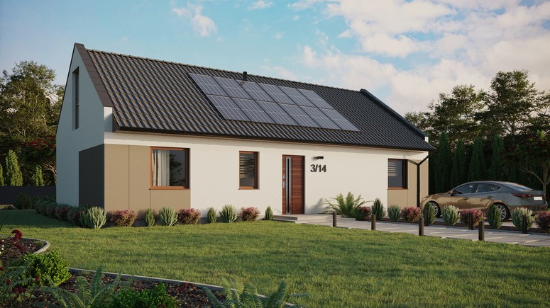 ERDOL 3 XL - Version Rechts (Wohnzimmer auf der rechten Seite) - Modernes Satteldach mit Dachgeschoss -Dachneigung 35 Grad - keine Dachfenster - Balkontür im Esszimmer und Bodentiefe Fenster im Dachgeschoss - Styropor, Netz, Kleber - Nusbaum - Photovoltaik-Installation 4,8 kWp (12 Paneele)