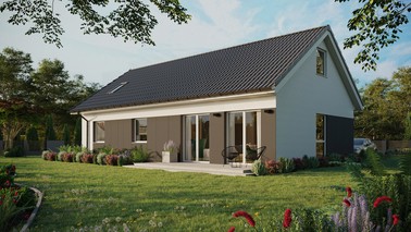 ERDOL 3 XL - Version Links (Wohnzimmer auf der linken Seite) - Satteldach mit Dachgeschoss -Dachneigung 35 Grad - Dachfenster für Zimmer und Badezimmer - Balkontür im Esszimmer - Styropor, Netz, Kleber - Weiß - Ohne