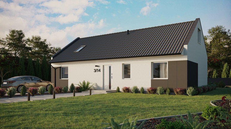 ERDOL 3 XL - Version Links (Wohnzimmer auf der linken Seite) - Modernes Satteldach mit Dachgeschoss -Dachneigung 35 Grad - Dachfenster für Zimmer und Badezimmer - Standard - Styropor, Netz, Kleber - Weiß - Ohne