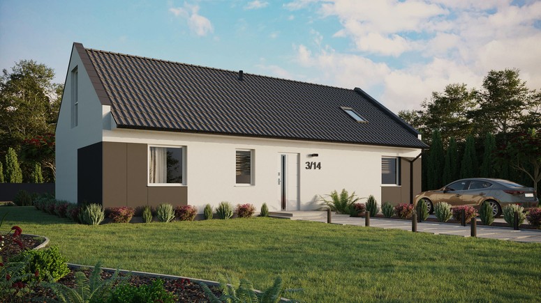 ERDOL 3 XL - Version Rechts (Wohnzimmer auf der rechten Seite) - Modernes Satteldach mit Dachgeschoss -Dachneigung 35 Grad - Dachfenster für Zimmer und Badezimmer - Bodentiefe Fenster im Dachgeschoss - Styropor, Netz, Kleber - Weiß - Ohne