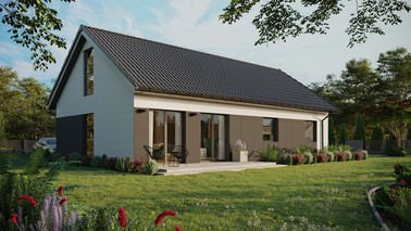 ERDOL 3 XL - Version Rechts (Wohnzimmer auf der rechten Seite) - Satteldach mit Dachgeschoss -Dachneigung 35 Grad - keine Dachfenster - Balkontür im Esszimmer und Bodentiefe Fenster im Dachgeschoss - Styropor, Netz, Kleber - Anthrazit - Ohne