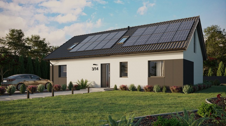 ERDOL 3 XL - Version Links (Wohnzimmer auf der linken Seite) - Satteldach mit Dachgeschoss -Dachneigung 35 Grad - Zwei Zimmer-Dachfenster und ein Badezimmer-Dachfenster - Balkontür im Esszimmer und Bodentiefe Fenster im Dachgeschoss - Styropor, Netz, Kleber - Anthrazit - Photovoltaik-Installation 8 kWp (20 Paneele)