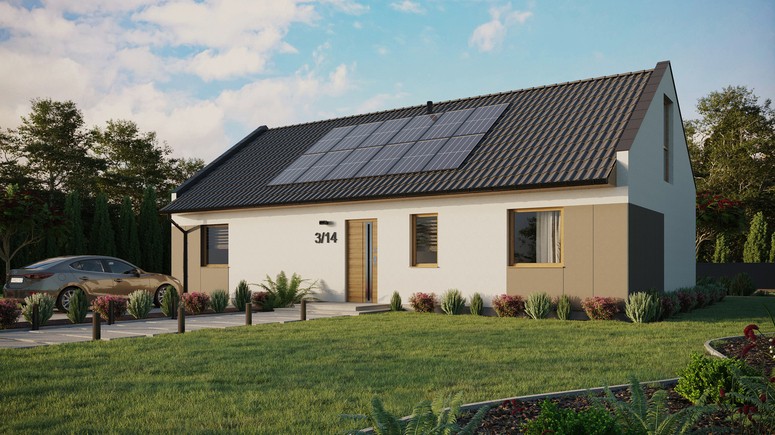 ERDOL 3 XL - Version Links (Wohnzimmer auf der linken Seite) - Modernes Satteldach mit Dachgeschoss -Dachneigung 35 Grad - keine Dachfenster - Balkontür im Esszimmer und Bodentiefe Fenster im Dachgeschoss - Styropor, Netz, Kleber - Winchester - Photovoltaik-Installation 4,8 kWp (12 Paneele)