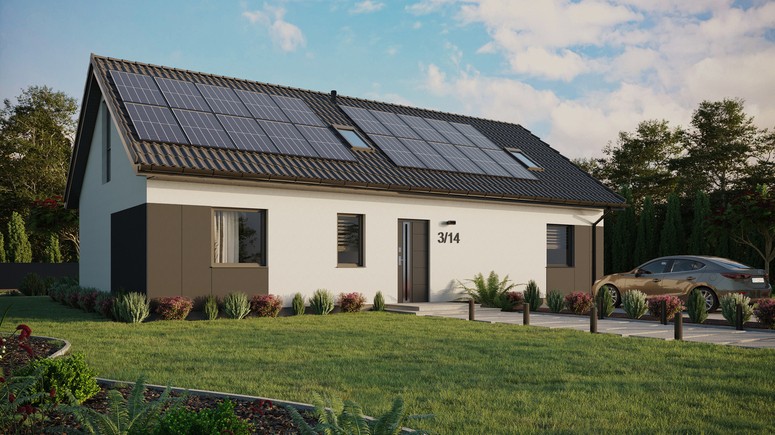 ERDOL 3 XL - Version Rechts (Wohnzimmer auf der rechten Seite) - Satteldach mit Dachgeschoss -Dachneigung 35 Grad - Zwei-Zimmer-Dachfenster - Balkontür im Esszimmer und Bodentiefe Fenster im Dachgeschoss - Styropor, Netz, Kleber - Anthrazit - Photovoltaik-Installation 8 kWp (20 Paneele)