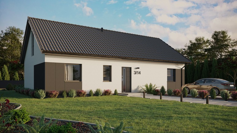 ERDOL 3 XL - Version Rechts (Wohnzimmer auf der rechten Seite) - Satteldach mit Dachgeschoss -Dachneigung 35 Grad - keine Dachfenster - Balkontür im Esszimmer und Bodentiefe Fenster im Dachgeschoss - Styropor, Netz, Kleber - Anthrazit - Ohne