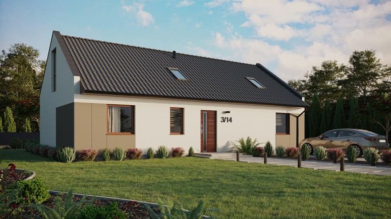 ERDOL 3 XL - Version Rechts (Wohnzimmer auf der rechten Seite) - Modernes Satteldach mit Dachgeschoss -Dachneigung 35 Grad - Zwei Zimmer-Dachfenster und ein Badezimmer-Dachfenster - Bodentiefe Fenster im Dachgeschoss - Styropor, Netz, Kleber - Nusbaum - Ohne