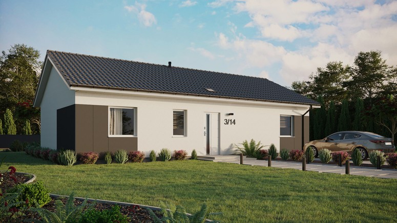 ERDOL 3 XL - Version Rechts (Wohnzimmer auf der rechten Seite) - Satteldach ohne Dachgeschoss - Dachneigung 25 Grad - Starres Tunneldachfenster - Standard - Styropor, Netz, Kleber - Weiß - Ohne