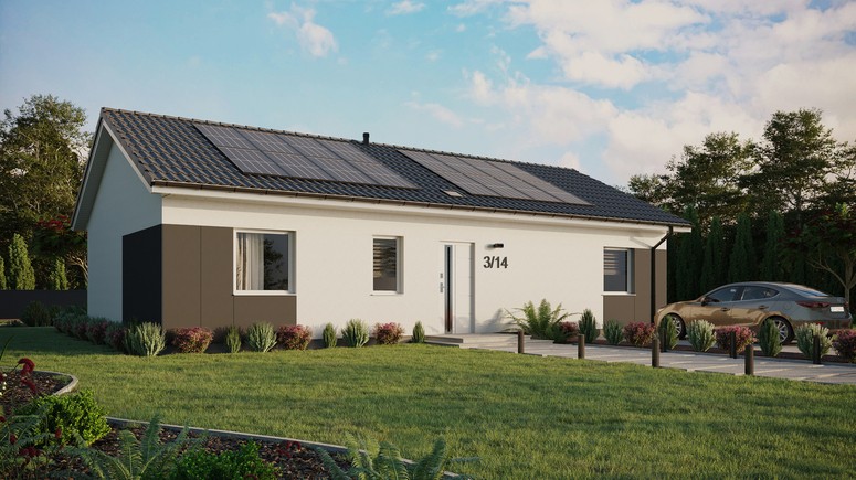 ERDOL 3 XL - Version Rechts (Wohnzimmer auf der rechten Seite) - Satteldach ohne Dachgeschoss - Dachneigung 25 Grad - Starres Tunneldachfenster - Standard - Styropor, Netz, Kleber - Weiß - Photovoltaik-Installation 6,4 kWp (16 Paneele)