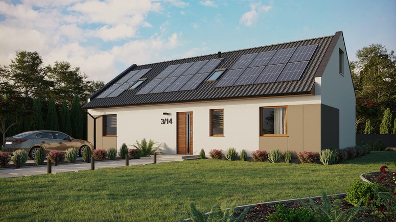 ERDOL 3 XL - Version Links (Wohnzimmer auf der linken Seite) - Modernes Satteldach mit Dachgeschoss -Dachneigung 35 Grad - Zwei Zimmer-Dachfenster und ein Badezimmer-Dachfenster - Standard - Styropor, Netz, Kleber - Goldene Eiche - Photovoltaik-Installation 8 kWp (20 Paneele)