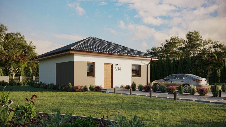 ERDOL 1 - Version Rechts (Wohnzimmer auf der rechten Seite) - Walmdach ohne Dachgeschoss- Dachneigung 25 Grad - keine Dachfenster - Standard - Styropor, Netz, Kleber - Goldene Eiche