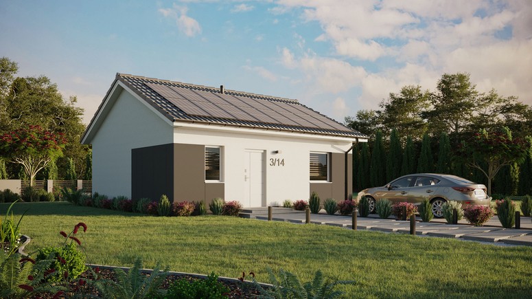 ERDOL 1 - Version Rechts (Wohnzimmer auf der rechten Seite) - Satteldach ohne ausgebautem Dachboden - Dachneigung 25 Grad - keine Dachfenster - Standard - Styropor, Netz, Kleber - Weiß - Photovoltaik-Installation 6,4 kWp (16 Paneele)