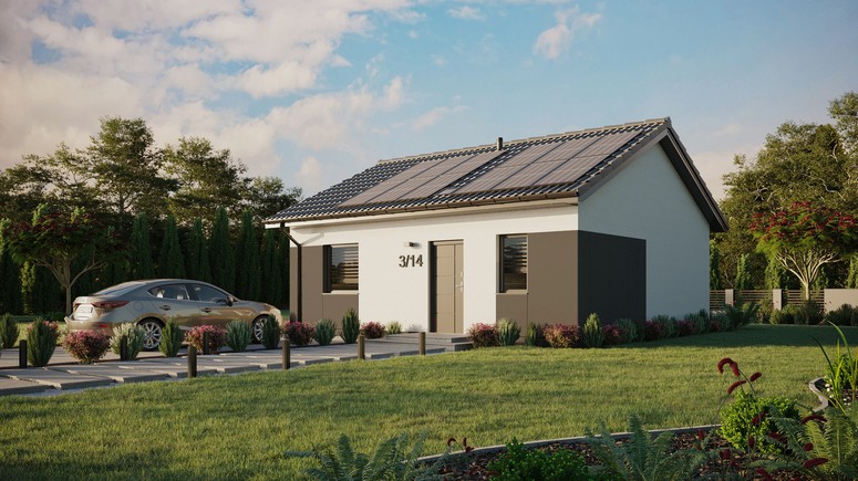 ERDOL 1 - Version Links (Wohnzimmer auf der linken Seite) - Satteldach ohne ausgebautem Dachboden - Dachneigung 25 Grad - Starres Tunneldachfenster - Balkontür im Esszimmer - Styropor, Netz, Kleber - Anthrazit - Photovoltaik-Installation 4,8 kWp (12 Paneele)