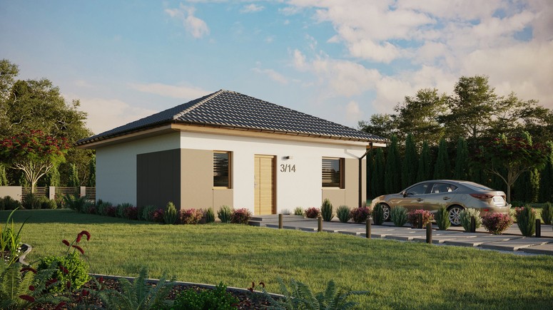 ERDOL 1 - Version Rechts (Wohnzimmer auf der rechten Seite) - Walmdach ohne Dachgeschoss- Dachneigung 25 Grad - keine Dachfenster - Standard - Styropor, Netz, Kleber - Winchester