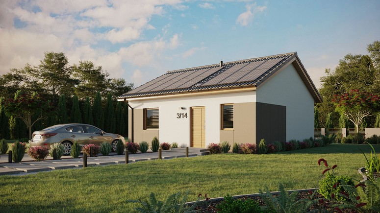 ERDOL 1 - Version Links (Wohnzimmer auf der linken Seite) - Satteldach ohne ausgebautem Dachboden - Dachneigung 25 Grad - Starres Tunneldachfenster - Standard - Styropor, Netz, Kleber - Winchester - Photovoltaik-Installation 6,4 kWp (16 Paneele)