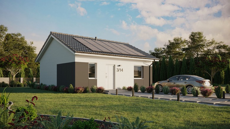 ERDOL 1 - Version Rechts (Wohnzimmer auf der rechten Seite) - Satteldach ohne ausgebautem Dachboden - Dachneigung 25 Grad - keine Dachfenster - Balkontür im Esszimmer - Styropor, Netz, Kleber - Weiß - Photovoltaik-Installation 4,8 kWp (12 Paneele)