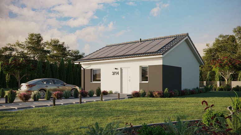 ERDOL 1 - Version Links (Wohnzimmer auf der linken Seite) - Satteldach ohne ausgebautem Dachboden - Dachneigung 25 Grad - keine Dachfenster - Standard - Styropor, Netz, Kleber - Weiß - Photovoltaik-Installation 6,4 kWp (16 Paneele)