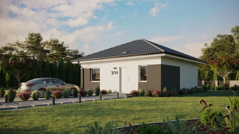 ERDOL 1 - Version Links (Wohnzimmer auf der linken Seite) - Walmdach ohne Dachgeschoss- Dachneigung 25 Grad - Starres Tunneldachfenster - Standard - Styropor, Netz, Kleber - Weiß