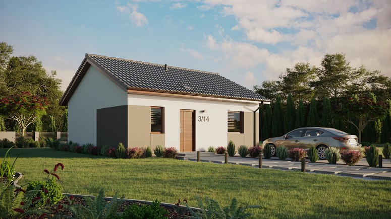 ERDOL 1 - Version Rechts (Wohnzimmer auf der rechten Seite) - Satteldach ohne ausgebautem Dachboden - Dachneigung 25 Grad - Starres Tunneldachfenster - Standard - Styropor, Netz, Kleber - Nusbaum - Ohne