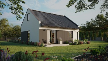 ERDOL 1 - Version Rechts (Wohnzimmer auf der rechten Seite) - Modernes Satteldach mit Dachgeschoss -Dachneigung 35 Grad - keine Dachfenster - Balkontür im Esszimmer - Styropor, Netz, Kleber - Anthrazit - Ohne