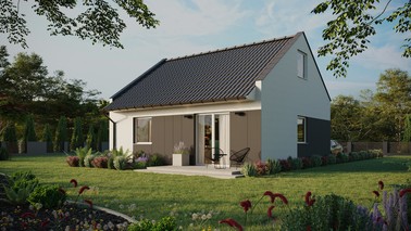 ERDOL 1 - Version Links (Wohnzimmer auf der linken Seite) - Modernes Satteldach mit Dachgeschoss -Dachneigung 35 Grad - keine Dachfenster - Standard - Styropor, Netz, Kleber - Weiß - Ohne