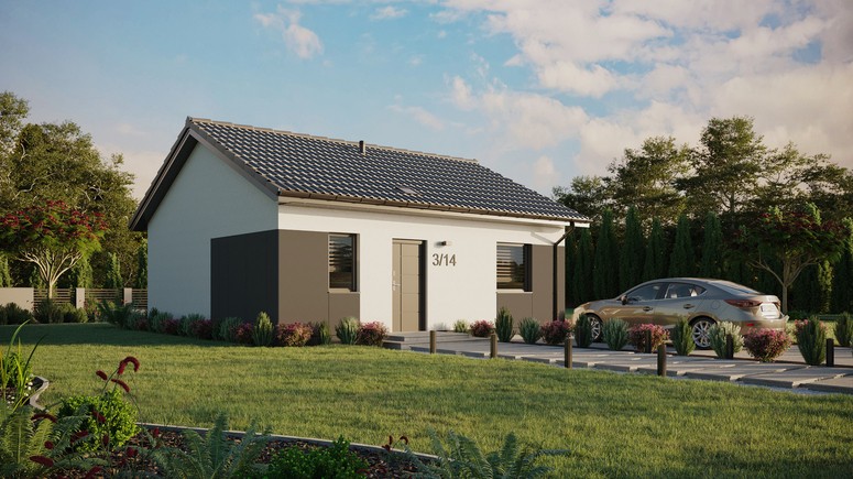 ERDOL 1 - Version Rechts (Wohnzimmer auf der rechten Seite) - Satteldach ohne ausgebautem Dachboden - Dachneigung 25 Grad - Starres Tunneldachfenster - Standard - Styropor, Netz, Kleber - Anthrazit - Ohne