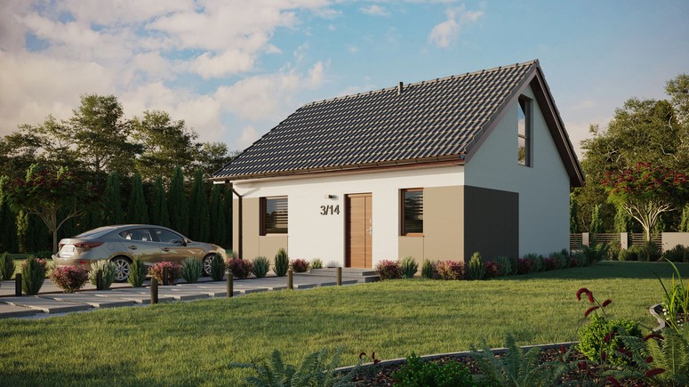 ERDOL 1 - Version Links (Wohnzimmer auf der linken Seite) - Satteldach mit Dachgeschoss -Dachneigung 35 Grad - keine Dachfenster - Balkontür im Esszimmer und Bodentiefe Fenster im Dachgeschoss - Styropor, Netz, Kleber - Nusbaum - Ohne