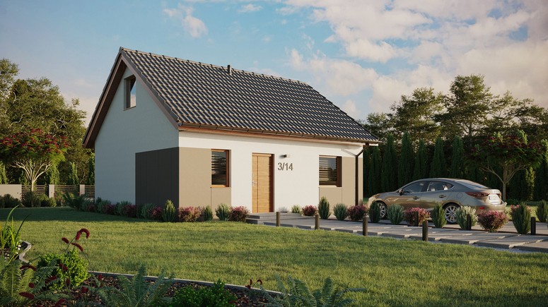 ERDOL 1 - Version Rechts (Wohnzimmer auf der rechten Seite) - Satteldach mit Dachgeschoss -Dachneigung 35 Grad - keine Dachfenster - Standard - Styropor, Netz, Kleber - Goldene Eiche - Ohne