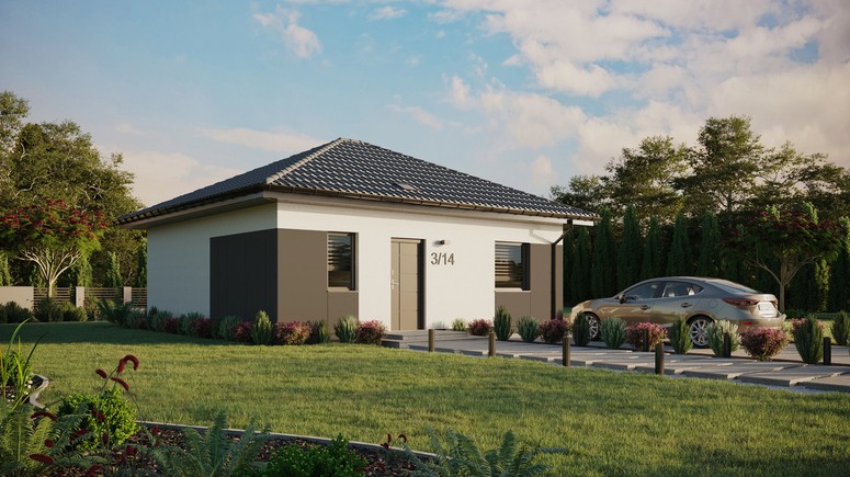 ERDOL 1 - Version Rechts (Wohnzimmer auf der rechten Seite) - Walmdach ohne Dachgeschoss- Dachneigung 25 Grad - Starres Tunneldachfenster - Standard - Styropor, Netz, Kleber - Anthrazit