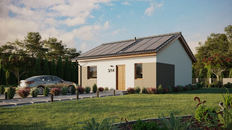 ERDOL 1 - Version Links (Wohnzimmer auf der linken Seite) - Satteldach ohne ausgebautem Dachboden - Dachneigung 25 Grad - Starres Tunneldachfenster - Balkontür im Esszimmer - Styropor, Netz, Kleber - Goldene Eiche - Photovoltaik-Installation 6,4 kWp (16 Paneele)