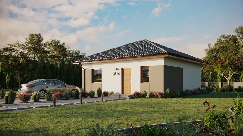 ERDOL 1 - Version Links (Wohnzimmer auf der linken Seite) - Walmdach ohne Dachgeschoss- Dachneigung 25 Grad - Starres Tunneldachfenster - Balkontür im Esszimmer - Styropor, Netz, Kleber - Goldene Eiche