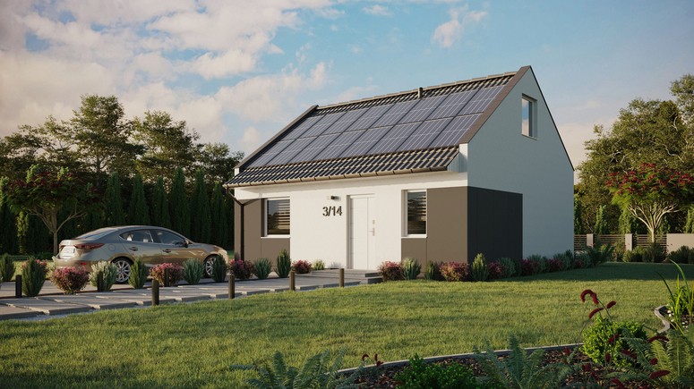 ERDOL 1 - Version Links (Wohnzimmer auf der linken Seite) - Modernes Satteldach mit Dachgeschoss -Dachneigung 35 Grad - keine Dachfenster - Standard - Styropor, Netz, Kleber - Weiß - Photovoltaik-Installation 6,4 kWp (16 Paneele)